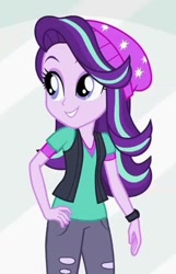 Size: 450x700 | Tagged: safe, derpibooru import, screencap, starlight glimmer, equestria girls, mirror magic, spoiler:eqg specials, beanie, clothes, cropped, cute, female, glimmerbetes, hand on hip, hat, pants, ripped pants, smiling, solo, torn clothes, vest