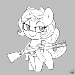 Size: 900x900 | Tagged: safe, artist:lyrabop, derpibooru import, oc, oc only, oc:academia, pony, unicorn, ak, ak-47, assault rifle, female, gun, mare, monochrome, rifle, simple background, solo, weapon