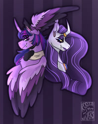 Size: 1280x1619 | Tagged: safe, artist:rootsinrivers, derpibooru import, rarity, twilight sparkle, twilight sparkle (alicorn), alicorn, pony, undead, unicorn, vampire, vampony, bust, fangs, female, horn, horn ring, lesbian, rarilight, ring, shipping, wing ears