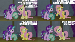 Size: 1280x720 | Tagged: safe, derpibooru import, edit, edited screencap, editor:quoterific, screencap, fluttershy, starlight glimmer, pegasus, pony, unicorn, horse play, season 8, spoiler:s08, female, magic, mare, open mouth, smiling, telekinesis