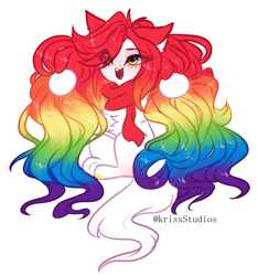 Size: 2452x2624 | Tagged: safe, artist:krissstudios, derpibooru import, oc, oc only, earth pony, pony, blushing, chest fluff, chibi, clothes, female, long hair, mare, multicolored hair, rainbow hair, scarf, simple background, solo, white background