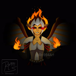 Size: 3264x3264 | Tagged: safe, artist:ro994, derpibooru import, flash sentry, oc, oc:fire pit, equestria girls, armor, black background, eye mist, fire, male, midnight-ified, simple background, solo