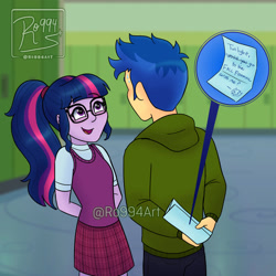 Size: 1920x1920 | Tagged: safe, artist:ro994, derpibooru import, flash sentry, sci-twi, twilight sparkle, equestria girls, arm behind back, clothes, female, flashlight, hoodie, lockers, male, note, sciflash, shipping, straight, sweater vest, watermark