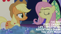 Size: 1280x720 | Tagged: safe, derpibooru import, edit, edited screencap, editor:quoterific, screencap, applejack, fluttershy, earth pony, pegasus, pony, school daze, season 8, spoiler:s08, applejack's hat, clothes, cowboy hat, cutie map, eyes closed, female, hat, mare, smiling, twilight's castle