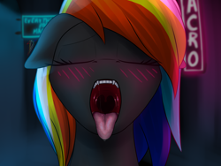 Size: 2000x1500 | Tagged: safe, artist:skanim-sdw, derpibooru import, oc, oc only, oc:darky wings, pony, blushing, ears, eyes closed, fangs, female, floppy ears, maw, mawshot, neon, neon sign, open mouth, teeth, tongue, tongue out