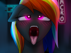 Size: 2000x1500 | Tagged: safe, artist:skanim-sdw, derpibooru import, oc, oc only, oc:darky wings, pony, ahegao, blushing, ears, eyes closed, fangs, female, floppy ears, glowing eyes, heart eyes, looking up, maw, mawshot, neon, neon sign, open mouth, teeth, tongue, tongue out, wingding eyes