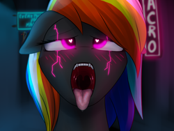 Size: 2000x1500 | Tagged: safe, artist:skanim-sdw, derpibooru import, oc, oc only, oc:darky wings, pony, ahegao, blushing, cyberpunk, ears, fangs, female, floppy ears, glowing eyes, heart eyes, looking up, maw, mawshot, neon, neon sign, open mouth, teeth, tongue, tongue out, wingding eyes