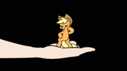 Size: 560x315 | Tagged: safe, artist:doublewbrothers, derpibooru import, applejack, earth pony, human, pony, animated, applejack's hat, appletini, bipedal, black background, clothes, cowboy hat, cute, dancing, do the mario, eyes closed, featured image, frame by frame, freckles, gif, hand, hat, jackabetes, loop, micro, offscreen character, simple background, solo focus, tiny, tiny ponies