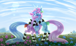 Size: 4400x2700 | Tagged: safe, artist:greenmaneheart, derpibooru import, oc, oc only, oc:lady ding, oc:lady ring, pony, unicorn, bow, clothes, female, high res, hug, mare, socks, striped socks, tail bow