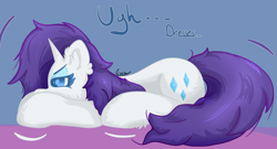 Size: 3449x1868 | Tagged: safe, artist:vinca, derpibooru import, rarity, pony, unicorn, female, grumpy, lying down, mare, prone, solo