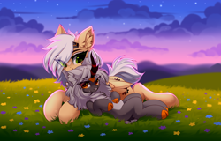 Size: 4444x2844 | Tagged: safe, artist:airiniblock, derpibooru import, oc, oc only, oc:bonnie tappert, oc:tesla, kirin, pegasus, kirin oc, lying, lying down, lying in grass, my little pony, on back, pegasus oc, rcf community