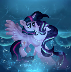 Size: 1024x1037 | Tagged: safe, artist:doraeartdreams-aspy, derpibooru import, starlight glimmer, twilight sparkle, twilight sparkle (alicorn), alicorn, pony, unicorn, bubble, crepuscular rays, eyelashes, eyes closed, female, flowing mane, flowing tail, horn, ocean, open mouth, purple eyes, purple mane, redraw, spread wings, underwater, water, wings