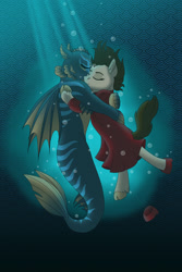 Size: 1024x1536 | Tagged: safe, artist:faitheverlasting, derpibooru import, oc, oc only, earth pony, original species, pony, bubble, clothes, crepuscular rays, eyes closed, fin wings, fins, fish tail, flowing mane, flowing tail, hoof shoes, hug, ocean, tail, the shape of water, underwater, wings