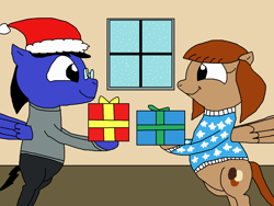 Size: 1500x1125 | Tagged: safe, artist:blazewing, derpibooru import, oc, oc only, oc:blazewing, oc:pecan sandy, pegasus, atg 2021, bipedal, christmas, christmas sweater, chubby, clothes, drawpile, female, glasses, hat, holiday, male, mare, newbie artist training grounds, oc couple, pants, present, santa hat, smiling, snow, spread wings, stallion, sweater, window, wings