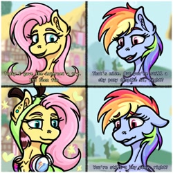 Size: 2000x2000 | Tagged: safe, artist:phazerarts, derpibooru import, fluttershy, rainbow dash, pegasus, pony, antonymph, clothes, comic, dialogue, ear piercing, fluttgirshy, hair dye, headphones, hoodie, meme, piercing, smiling