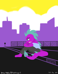 Size: 1100x1400 | Tagged: safe, artist:rockhoppr3, derpibooru import, spike, anthro, dragon, city, cityscape, clothes, nonbinary, nonbinary pride flag, older, older spike, pride, pride flag, sitting, solo
