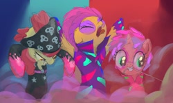 Size: 2000x1200 | Tagged: safe, artist:mandumustbasukanemen, derpibooru import, apple bloom, scootaloo, sweetie belle, the show stoppers, atg 2021, clothes, costume, cutie mark crusaders, dancing, fog, newbie artist training grounds, screaming, stage, trio