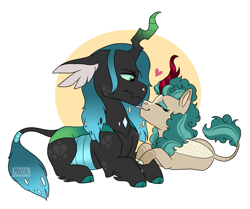 Size: 1971x1644 | Tagged: safe, artist:moccabliss, derpibooru import, queen chrysalis, rain shine, changeling, kirin, crack shipping, female, lesbian, lying down, prone, shipping