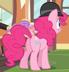 Size: 419x437 | Tagged: safe, derpibooru import, screencap, pinkie pie, pony, mmmystery on the friendship express, season 2, balloonbutt, bowler hat, butt, cropped, female, hat, plot, solo