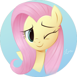 Size: 3200x3200 | Tagged: safe, artist:fladdrarblyg, derpibooru import, fluttershy, pegasus, blue background, cute, daaaaaaaaaaaw, one eye closed, shyabetes, simple background, solo, transparent background, wink