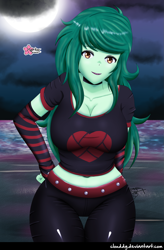 Size: 1055x1605 | Tagged: safe, artist:clouddg, derpibooru import, wallflower blush, equestria girls, belly button, big breasts, breasts, busty wallflower blush, cleavage, clothes, evening gloves, fingerless elbow gloves, fingerless gloves, gloves, long gloves, looking at you, midriff, smiling, smiling at you