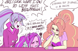 Size: 1600x1045 | Tagged: safe, artist:amazingpuffhair, derpibooru import, adagio dazzle, aria blaze, sonata dusk, equestria girls, breasts, choker, cleavage, cute, hair bun, pigtails, sonatabetes, the dazzlings, this will end in property damage