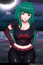 Size: 1055x1605 | Tagged: safe, alternate version, artist:clouddg, derpibooru import, wallflower blush, equestria girls, belly button, big breasts, breasts, busty wallflower blush, cleavage, clothes, evening gloves, fingerless elbow gloves, fingerless gloves, gloves, human coloration, long gloves, looking at you, midriff, open mouth, smiling, smiling at you