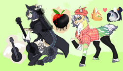 Size: 1280x740 | Tagged: safe, artist:malinraf1615, derpibooru import, applejack, derek (pony life), oc, oc:gothic country, oc:midnight ballad, earth pony, pony, my little pony: pony life, beret, boots, brother and sister, clothes, coat, coat markings, cowboy boots, cowboy hat, derekjack, ear piercing, earring, female, flannel, guitar, hat, heart, jewelry, lip piercing, male, mare, musical instrument, nose piercing, nose ring, offspring, parent:applejack, parent:derek (pony life), parents:derekjack, piercing, raised hoof, raised leg, shipping, shoes, siblings, socks, stallion, stockings, straight, sweater, tattoo, thigh highs, trans male, transgender, tree trunk, unshorn fetlocks, veil