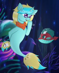 Size: 2194x2734 | Tagged: safe, artist:xmoonshinexkyokox, derpibooru import, oc, oc only, fish, pony, seapony (g4), unicorn, base used, bubble, clothes, coral, dorsal fin, female, fins, fish tail, flowing tail, glasses, green eyes, horn, looking at you, ocean, purple eyes, scarf, seaponified, seaquestria, seaweed, species swap, tail, underwater, water