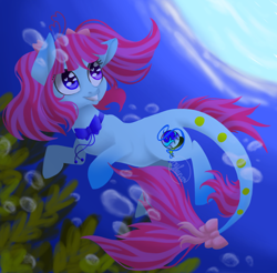 Size: 780x768 | Tagged: safe, artist:thanhvy15599, derpibooru import, oc, oc only, merpony, bubble, dorsal fin, female, fish tail, flowing mane, flowing tail, ocean, pink mane, purple eyes, ribbon, seaweed, signature, smiling, solo, speedpaint, sunlight, swimming, tail, teeth, underwater, water, wingding eyes