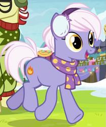 Size: 597x714 | Tagged: safe, derpibooru import, screencap, burning passion, flam, earth pony, pony, best gift ever, clothes, cropped, earmuffs, female, mare, open mouth, scarf, smiling, snow, solo focus