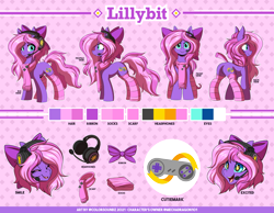 Size: 4000x3101 | Tagged: safe, artist:ask-colorsound, derpibooru import, oc, oc only, oc:lillybit, earth pony, pony, bow, cutie mark, excited, female, gaming headset, hair bow, headphones, headset, kneesocks, mare, ref, reference sheet, scarf, smiling, socks, solo, starry eyes, striped socks