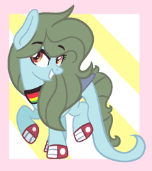Size: 712x803 | Tagged: safe, artist:maiii-san, derpibooru import, oc, oc only, oc:rosetta spectress, earth pony, pony, abstract background, clothes, earth pony oc, eyelashes, grin, shoes, smiling, wings
