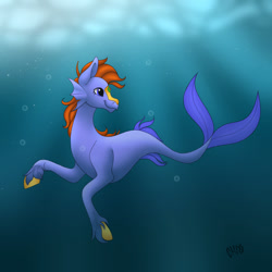 Size: 828x828 | Tagged: safe, artist:ittybittybiters, derpibooru import, oc, oc only, merpony, seapony (g4), blue tail, bubble, crepuscular rays, digital art, dorsal fin, fish tail, flowing tail, neopets, ocean, orange mane, peophin, purple eyes, signature, smiling, solo, sunlight, swimming, tail, underwater, unshorn fetlocks, water