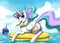 Size: 1500x1078 | Tagged: safe, artist:johnjoseco, derpibooru import, princess celestia, princess luna, alicorn, pony, alternate hairstyle, butt, female, flower, food, ice cream, inflatable toy, mare, mouth hold, ocean, plot, popsicle, royal sisters, siblings, sisters, summer, sunbutt