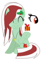 Size: 284x407 | Tagged: safe, artist:somecoconut, derpibooru import, oc, earth pony, pony, base used, earth pony oc, eyelashes, eyes closed, female, freckles, holly, mare, present, simple background, sitting, smiling, underhoof, white background