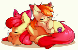 Size: 1280x829 | Tagged: safe, artist:pledus, derpibooru import, apple bloom, oc, earth pony, pony, adorabloom, bow, cheek fluff, cute, duo, ear fluff, ears, eyes closed, female, filly, hair bow, lying down, lying on top of someone, onomatopoeia, open mouth, prone, simple background, sleeping, snot bubble, sound effects, white background, zzz