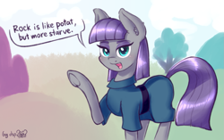 Size: 1479x929 | Tagged: safe, artist:dsp2003, maud pie, earth pony, pony, blushing, clothes, female, joke, looking at you, mare, open mouth, outdoors, parody, raised hoof, raised leg, solo, speech bubble