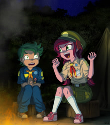 Size: 1200x1367 | Tagged: safe, artist:uotapo, gloriosa daisy, timber spruce, equestria girls, legend of everfree, brother and sister, campfire, clothes, duo, female, fire, male, open mouth, pants, scary, scary stories, scout uniform, shoes, shorts, siblings, sitting, sweat, sweatdrop, uotapo is trying to murder us, younger