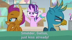 Size: 1000x563 | Tagged: safe, artist:thegamerpainter, edit, edited screencap, screencap, gallus, smolder, starlight glimmer, pony, unicorn, student counsel, angry, bracelet, flower, hand on cheek, implied shipping, implied smollus, jewelry, sofa, starlight's office, text edit, vase