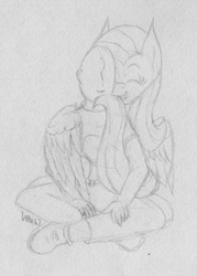 Size: 1491x2088 | Tagged: safe, artist:wapamario63, fluttershy, oc, oc:anon, human, pegasus, pony, crossed legs, cute, eyes closed, happy, hug, monochrome, open mouth, prehensile tail, shyabetes, sitting, sketch, traditional art, winghug, wings