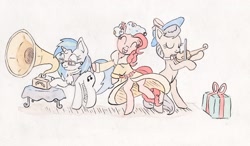 Size: 1658x967 | Tagged: safe, artist:nedemai, derpibooru import, dj pon-3, octavia melody, pinkie pie, vinyl scratch, earth pony, pony, unicorn, atg 2021, dancing, female, hat, ink, mare, newbie artist training grounds, party, present, spirit of hearth's warming presents, traditional art, watercolor painting