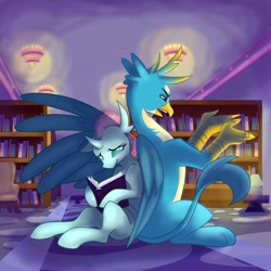 Size: 1080x1080 | Tagged: safe, artist:prie_per, derpibooru import, gallus, ocellus, changedling, changeling, griffon, back to back, blushing, book, female, library, luslus, male, reading, shipping, straight, that changeling sure does love books