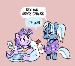 Size: 640x558 | Tagged: safe, artist:kylesmeallie, derpibooru import, starlight glimmer, trixie, unicorn, alternate hairstyle, babysitter trixie, cellphone, clothes, female, hoodie, pajamas, phone, quarantine