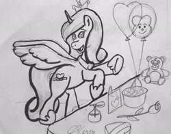 Size: 2311x1810 | Tagged: safe, derpibooru import, princess cadance, alicorn, pony, balloon, candy, flower, food, hearts and hooves day, hearts and hooves day cards, lineart, open mouth, open smile, party balloon, perfume, present, rose, smiling, solo, teddy bear