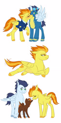 Size: 1280x2560 | Tagged: safe, artist:primrosepaper, derpibooru import, soarin', spitfire, oc, oc:flash fire, pegasus, pony, blushing, clothes, female, filly, kiss on the cheek, kissing, lying down, male, mare, offspring, parent:soarin', parent:spitfire, parents:soarinfire, pregnant, prone, shipping, simple background, soarinfire, spread wings, stallion, straight, uniform, white background, wingboner, wings, wonderbolts dress uniform, wonderbolts uniform