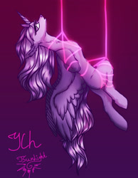 Size: 2100x2700 | Tagged: safe, artist:jsunlight, derpibooru import, oc, alicorn, pony, arm behind back, auction, auction open, bondage, commission, digital art, neon, shibari, solo, spread wings, suspended, suspension bondage, wings, ych sketch, your character here