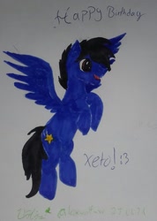 Size: 1169x1644 | Tagged: safe, artist:lesewolf_w, derpibooru import, oc, oc:xeto, pegasus, happy birthday, traditional art