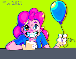 Size: 2320x1792 | Tagged: safe, artist:beefgummies, derpibooru import, pinkie pie, equestria girls, equestria girls (movie), balloon, clothes, colorful, droplet, gloves, looking at you, party balloon, psychedelic, saturated, sharp teeth, shiny, short sleeves, smiling, sweat, table, teeth, trippy, wat