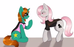 Size: 3609x2336 | Tagged: safe, artist:vaiola, derpibooru import, oc, oc only, oc:dust runner, oc:violet, pegasus, pony, unicorn, blushing, cape, clothes, clothes swap, colored, commission, cutie mark, domino mask, duo, eyebrows, eyelashes, fullbody, horn, latex, latex leotard, leotard, looking at each other, mask, raised hoof, raised leg, simple background, sitting, smiling, smiling at each other